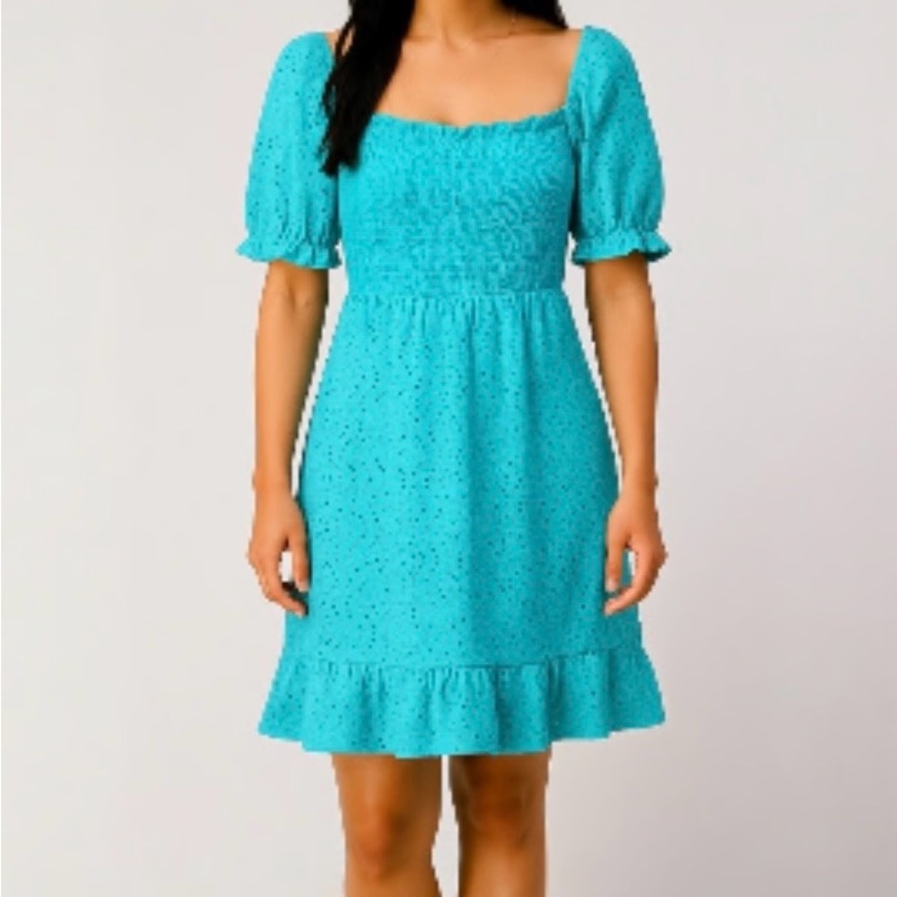 Turquoise Eyelet Puff-Sleeve Mini Dress